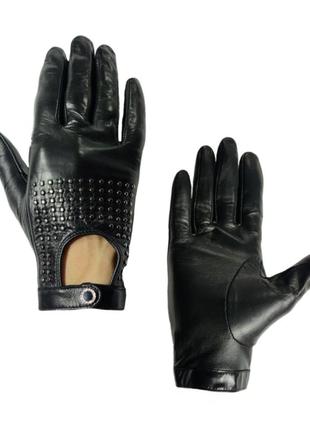 Шкіряні жіночі чорні рукавички без підкладки сенсорні
