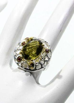 Дизайнерское серебряное кольцо ручной работы с лимонным кварцем и гранатами2 фото