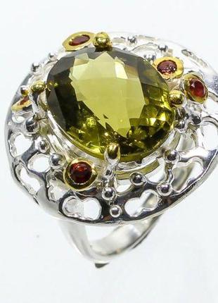 Дизайнерское серебряное кольцо ручной работы с лимонным кварцем и гранатами1 фото