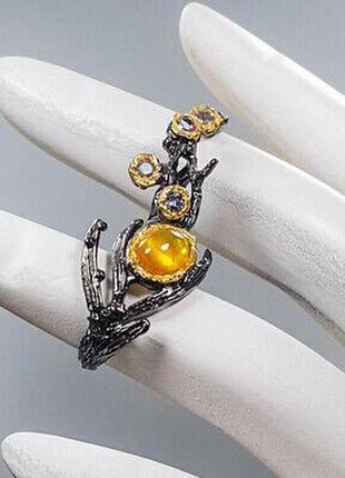 Серебряное кольцо ручной работы на два пальца с натуральным желтым сапфиром и танзанитами2 фото