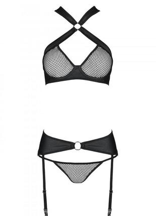 Сетчатый набор: бюстгальтер с халтером, трусики и пояс для чулок amanda set black l/xl - p...