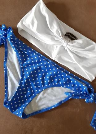 Роздільний купальник жіночий білий ліф і сині трусики в горошок3 фото