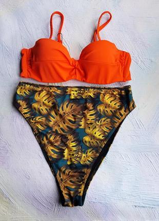 Роздільний жіночий купальник оранжевий ліф і коричневі високі трусики з листочками5 фото