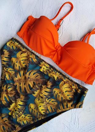 Роздільний жіночий купальник оранжевий ліф і коричневі високі трусики з листочками6 фото