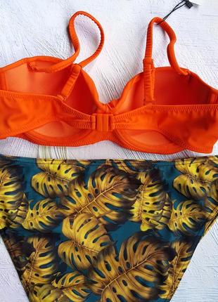 Роздільний жіночий купальник оранжевий ліф і коричневі високі трусики з листочками3 фото