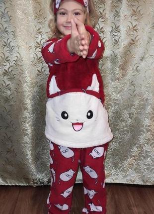 Пижама турецкая детская девочке махра+флисс с маской для сна супер качество от 5 до 13 лет, розовая пижама4 фото