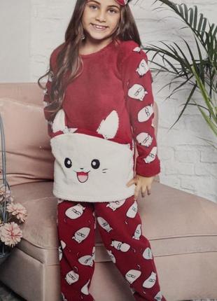 Пижама турецкая детская девочке махра+флисс с маской для сна супер качество от 5 до 13 лет, розовая пижама5 фото