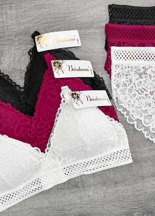 Мереживний комплект жіночої нижньої білизни bisdana / кружевний топ бранетт + трусики / чашка a/b2 фото