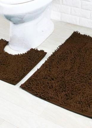 Набор ковриков в ванную и туалет с вырезом 90х60см room mat 2 в 1 микрофибра  антискользящий коричневый1 фото