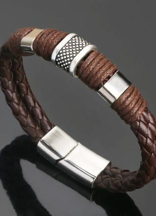 Массивный кожаный мужской плетеный браслет коричневый3 фото