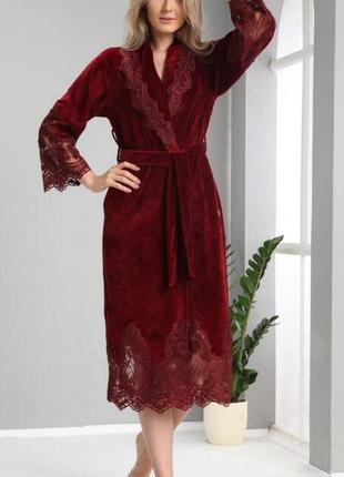 Халат женский nusa 0383 bordo бамбук/хлопок с гипюром;размеры:s;m;xxl
