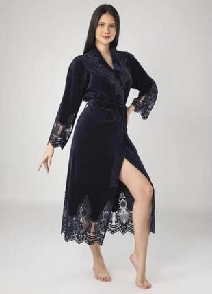 Халат женский nusa 0383 lacivert бамбук/хлопок с гипюром;размеры:s;m;l/xl;xxl
