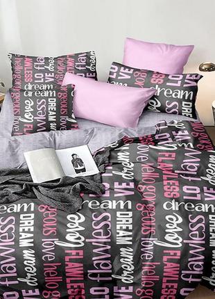Стильный 2х спальный комплект постельного белья с надписями из люкс-сатина s379