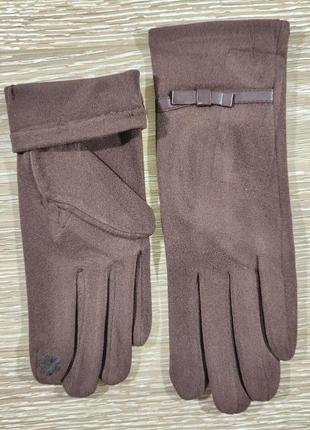 Тонкі коричневі осінньо-весняні сенсорні рукавички з тонкою полоскою2 фото
