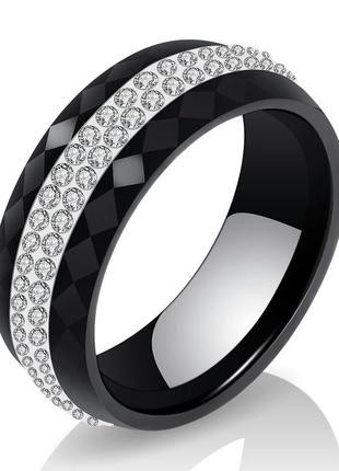 Кольцо керамическое женское черное с кристаллами6 фото