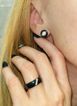 Кольцо керамическое женское черное с кристаллами7 фото
