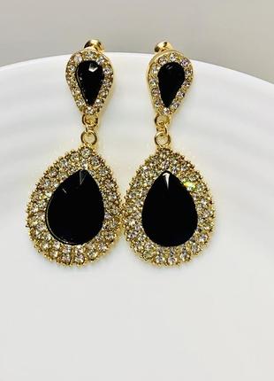 Позолочені сережки краплі з чорними кристалами