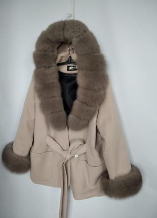 Женское пончо пальто кашемировое с натуральным мехом песца еврозима7 фото