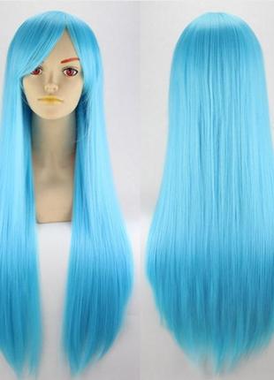 Парик голубой длинный прямой ровный с длинной челкой женский для женщин 80см из искусственных волос с темными