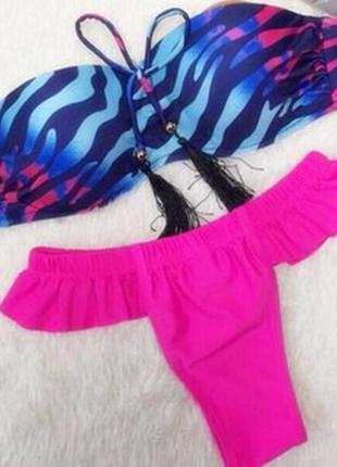 Купальник синий полосатый лиф со шнурком розовые плавки s  женский раздельный стильный красивый