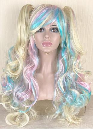 Парик разноцветный блонд с голубым и розовым с двумя хвостами лолита 70см длинный волнистый женский1 фото