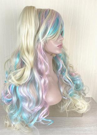 Парик разноцветный блонд с голубым и розовым с двумя хвостами лолита 70см длинный волнистый женский2 фото