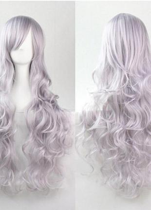 Парик серый пепельный длинный волнистый с длинной челкой женский для женщин 80см из искусственных волос