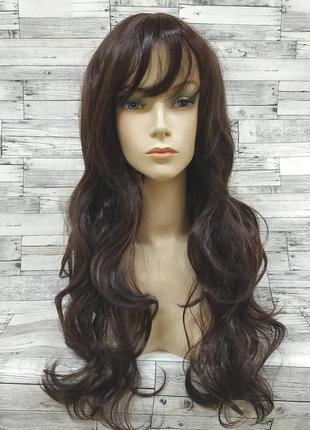 Парик женский длинный волнистый коричневый шоколадный каштановый с челкой и пробором 70см