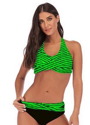 Купальник жіночий роздільний великий розмір 5xl 56 розмір зелений із чорними смугами