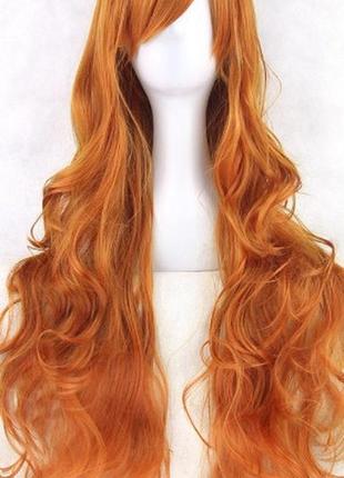 Парик рыжий медный оранжевый длинный волнистый с длинной челкой женский для женщин 80см из искусственных волос