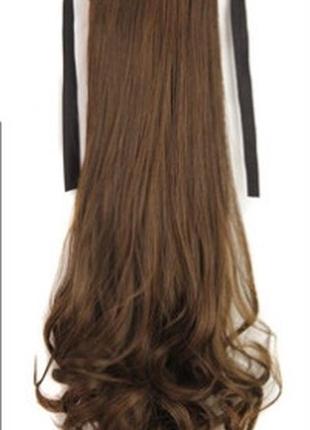 Накладной хвост золотистый каштановый волнистый №2/30 на ленте шиньон термо светло-коричневый искусственный