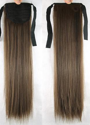 Накладной хвост золотистый каштановый прямой №8 на ленте шиньон термо светло-коричневый искусственный ровный