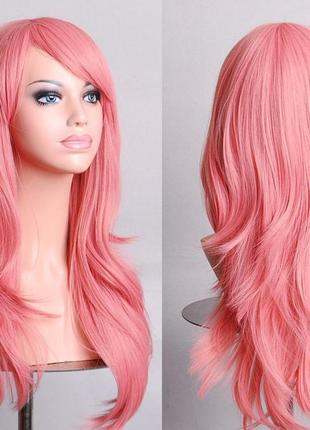 Парик розовый длинный волнистый с длинной челкой женский для женщин 65см из искусственных волос