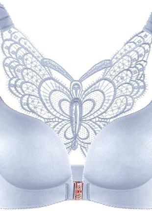 Бюстгальтер 95 d большой размер для пышной груди серый с бабочкой без косточек застежкой спереди3 фото