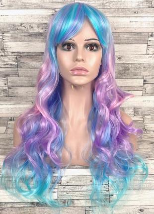 Парик разноцветный фиолетовый синий розовый 70см длинный волнистый женский искусственный