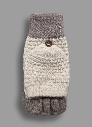 Бежевые шерстяные женские перчатки без пальцев с накидными клапанами
