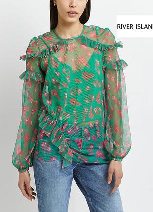 Зелёная яркая блуза топ в сеточку с оборками и цветочным принтом river island