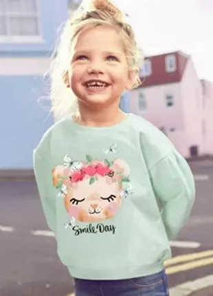 Berni kids свитшот для девочки утепленный с животным принтом бирюзовый smile day