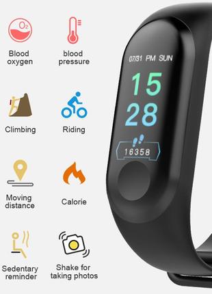 Фитнес браслет трекер mi band m3 клипса зарядка, женские мужские умные смарт часы черные4 фото