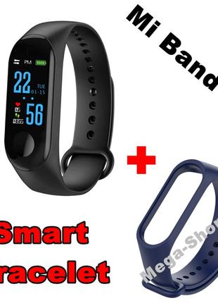 Фитнес браслет трекер mi band m3 зарядка usb, женские мужские умные смарт часы синие1 фото