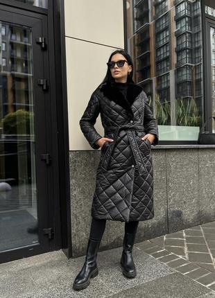 Зимнее женское теплое черное стеганное пальто стокгольм1 фото