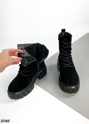 Зимние замшевые полномерные ботинки с мехом натуральная замша черные сапоги со шнуровкой на молнии с замком зима на тракторной подошве7 фото