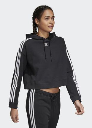 Классный укороченный худи adidas оригинал, оверсайз худи adidas, трикотажный кроп худи с лампасами