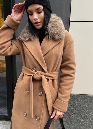 Пальто женское миди теплое шерстяное меховой воротник натуральный мех песца original brand premium8 фото
