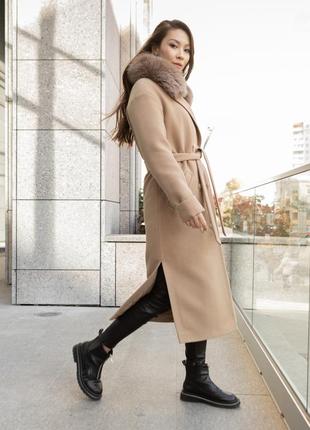Пальто женское миди теплое шерстяное меховой воротник натуральный мех песца original brand premium5 фото