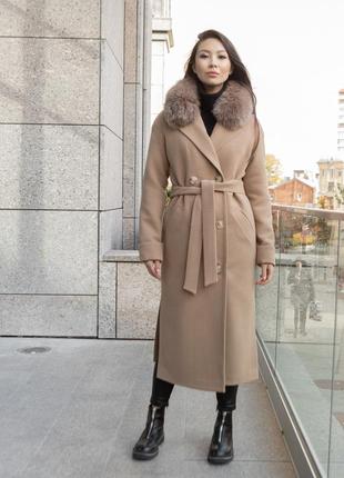 Пальто женское миди теплое шерстяное меховой воротник натуральный мех песца original brand premium7 фото