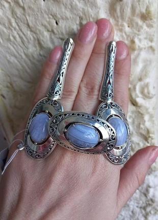Шикарні срібні сережки з голубим агатом (сапфіриновим)2 фото
