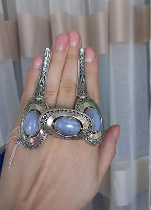 Шикарні срібні сережки з голубим агатом (сапфіриновим)4 фото