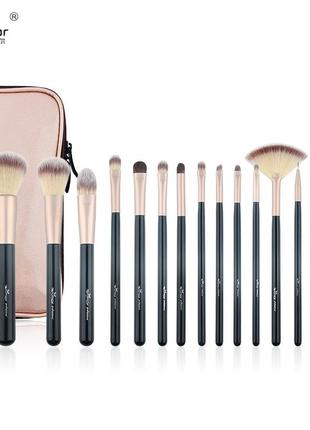 Набор кистей для макияжа профессиональный anmor professional makeup brush set pink gold черный (15шт)1 фото