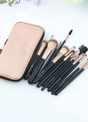 Набор кистей для макияжа профессиональный anmor professional makeup brush set pink gold черный (15шт)4 фото